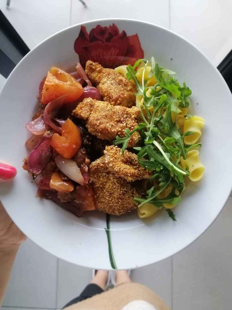 Roasted Balsamic Tomato & Crispy Polenta Chicken with Pasta